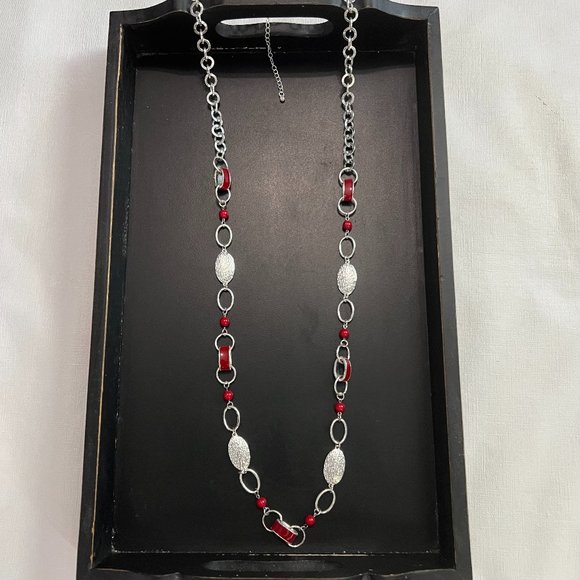 Silver Toned Necklace with Red & Silver beads 20 inch - Picture 1 of 5